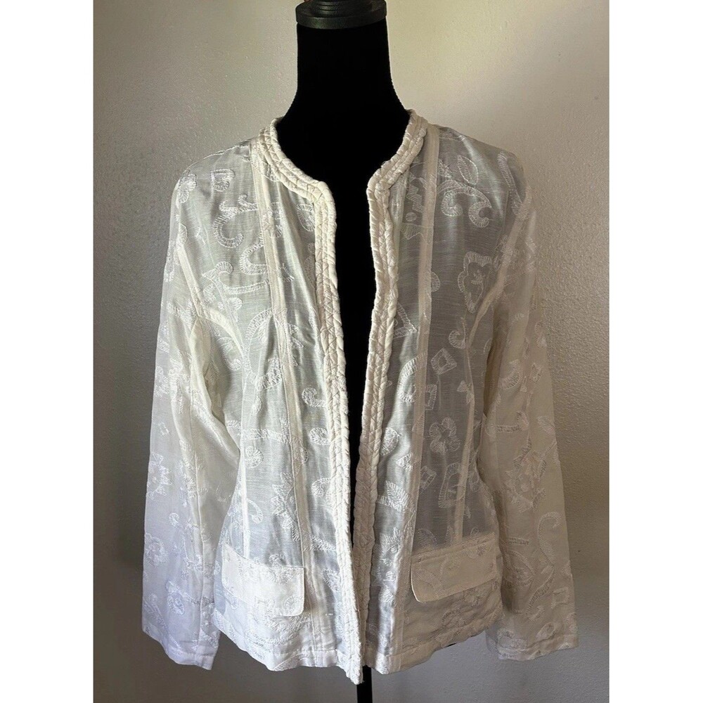 CHICOS Ivory Silk Linen Blend Open Front Jacket Embroidered Braided Lapel - Picture 2 of 13